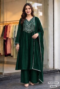 <b>Womens</b> Premium Crush Silk Anarkali <b>Kurta</b> Pant Dupatta Set Embellished Wrinkle-Free Quick-Dry Floor-Length Loose-Fit - Product Image 3