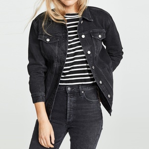 Custom Women's Black <b>Denim</b> <b>Jacket</b> Button Front Long Sleeve Casual Jean <b>Jacket</b> with Chest Flap Pockets Wholesale - Product Image 1