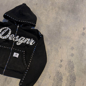 Custom Wash Rhinestone Zip Hoodie Cropped Streetwear Jacket Distressed Custom Men Vintage Graphic Pullover OEM Printed Hoodies - Product Image 2