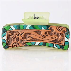 Pinza para el pelo de cuero occidental hecha a mano con grabado floral, estilo bohemio vintage, ligera, de alta calidad, accesorios para el cabello para mujer, Conifer - Product Image 3