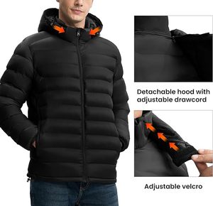 Men's Hooded Bubble <b>Jacket</b> Solid Black Winter Casual <b>Zipper</b> Closure Windproof Breathable Regular Fit 100% Polyester Fiber - Product Image 5