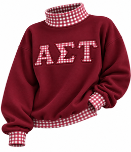 เสื้อสเวตเชิ้ตผู้หญิง Alpha Sigma Tau สีแดงเลือดหมู ผ้าฟลีซโพลีเอสเตอร์ คอตั้ง สีแดงขาวล้วน แบบสวม ทรงฤดูใบไม้ร่วง - Product Image 4