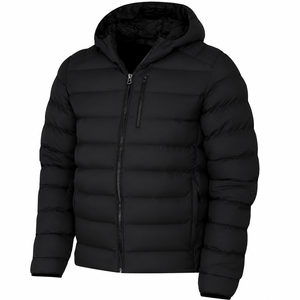 Chaqueta de Plumón con Capucha para Hombre, Negra, Ligera, con Cierre de Cremallera, Corte Regular, para Invierno y Actividades al Aire Libre, con Bolsillos, Color Sólido, Exterior de Poliéster - Product Image 1