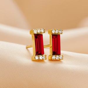Pendientes de botón de granate con corte baguette, plata de ley 925, chapados en oro de 14K, piedra de nacimiento de enero, color rojo burdeos, para mujer - Product Image 4