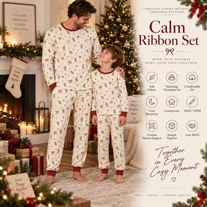 Christmas Pajamas Set Long Sleeve <b>Knitted</b> Cotton Printed Bows <b>Pattern</b> Crew Neck Full Length Soft Cozy Winter Sleepwear - Product Image 2