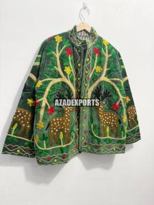 Chaqueta de Algodón Verde Terciopelo con Cuello Mandarín, Manga Larga, Bordado Floral, para Mujer, Ideal para Regalo o Fiesta, Ropa de Invierno - Product Image 3