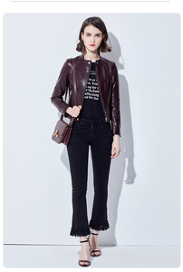 Chaqueta de Moto de Cuero PU para Mujer, con Estampado, Cuello Alto, Cierre de Cremallera, Color Sólido, Calidad Premium, para Otoño - Product Image 2