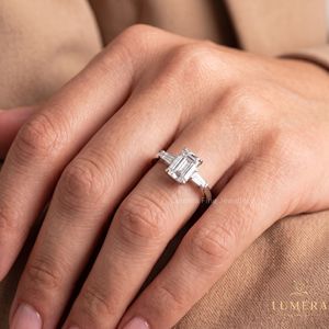 <b>Emerald</b> Cut Lab Grown Diamond Three Stone Engagement Ring 14K 18K Gold Wedding Ring for Women - Product Image 6