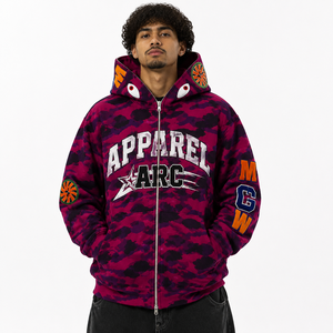 Sudadera con capucha de camuflaje rosa para hombre, con cremallera completa, estilo urbano personalizado, corte oversize, con parche bordado, diseño de cuello alto, tejido grueso - Product Image 6