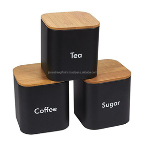 Caja de almacenamiento de contenedores moderna de acero inoxidable con acabado de revestimiento de polvo negro Tapa de madera de forma cuadrada 3 Almacenamiento organizador - Product Image 1