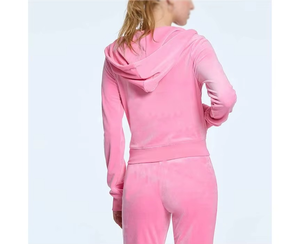 Autumn Unisex 2-Piece Velour Hooded Solid Tracksuit Set Heavyweight Breathable Windproof Pink Crop Top Jogging Pants <b>Leisurewear</b> - Product Image 6