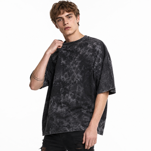 Oversized <b>Tie</b>-Dye Cotton T-Shirt <b>Men's</b> Short Sleeve O-Neck Street Style Jersey Fabric <b>Black</b> Patterned Drop Shoulder Fit - Product Image 1