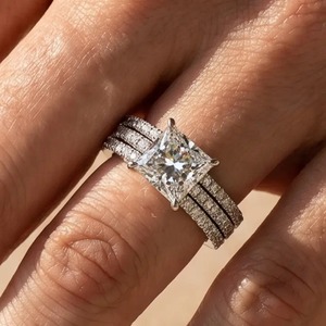 925 Moissanite Diamond Princess Cut Wedding <b>Ring</b> With <b>Two</b> Classic Wedding Bands in White Gold Plated with D Color & VVS Clarity. - Product Image 1