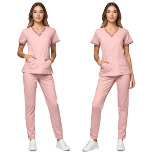 Oferta Especial: Conjunto de Uniforme Médico Unisex Rosa Pálido con Ribete en Contraste, Tejido Transpirable de Primera Calidad - Product Image 4