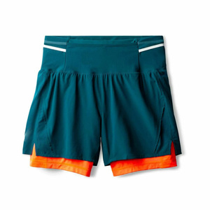 High Waist Solid Color Double <b>Layer</b> Running Shorts Men Quick Dry Sporty Style With Pockets Elastic Waist Teal Orange Trim - Product Image 1