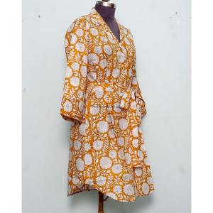 Chemise kimono mi-longue bohème pour femmes indiennes, élégante, en coton, pour dormir, avec ceinture à nouer, boutons décoratifs, style doux, moderne et simple - Product Image 5