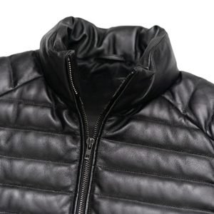 Gilet matelassé sans manches en similicuir noir pour homme, col montant, chaud et rembourré pour l'hiver – Vente en gros personnalisée - Product Image 3