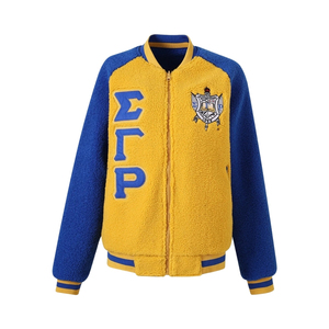 เสื้อแจ็คเก็ตบอมเบอร์แบบกลับด้านได้ Sigma Gamma Rho ผ้าเชอร์ปา อุ่นสบาย มีซิป สไตล์วาร์ซิตี้ เสื้อคลุมลำลองสำหรับฤดูหนาว รับผลิตแบบ OEM ODM - Product Image 1