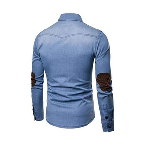 Premium Quality Hot Sale Men's Light Blue Denim Shirt Long Sleeve Slim Fit Turn-down Collar Patchwork Elbow <b>Patches</b> Casual - Product Image 5