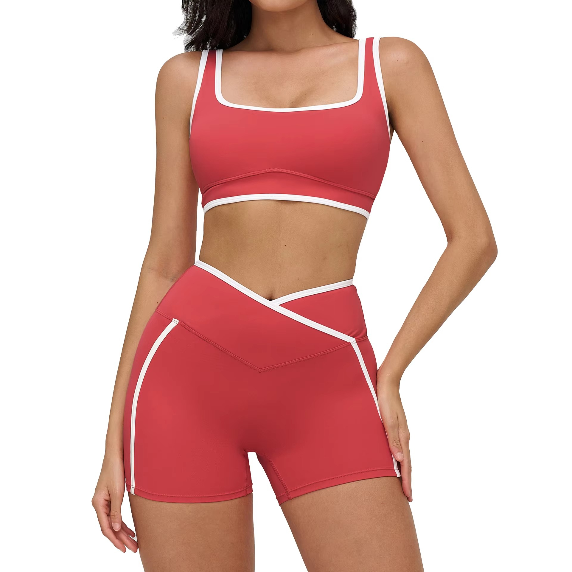 New Arrival High Quality Breathable Elastic Waist Mesh Gym Sports Fitness Yoga Top Short Leggings Set for Women Solid Pattern