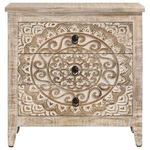 Luxury Handcrafted Solid Wood 3 Drawer Nightstand Ornate Mandala Jaali Carving Antique White Wash - Product Image 1