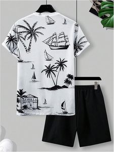 Conjuntos de 2 Piezas para Hombre, Camiseta de Manga Corta con Estampado Tropical y Pantalones Cortos con Cintura Ajustable - Product Image 3