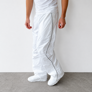 High Quality <b>White</b> Nylon Track <b>Pants</b> <b>Men</b> Lightweight Windbreaker <b>Pants</b> With Black Piping Side Zip Casual Sportswear - Product Image 1