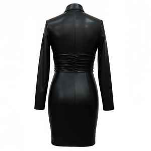 Robe moulante en similicuir PU à manches longues, col montant et fermeture éclair, style décontracté pour femmes, idéale pour les soirées et les clubs. - Product Image 2