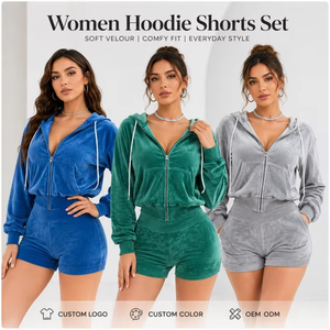 Ensemble de survêtement en velours pour femme, sweat à capuche et short, manches longues, fermeture éclair sur le devant, 2 pièces, décontracté, couleur unie, toutes saisons - Product Image 1
