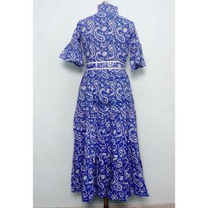 Vestido Maxi Azul Paisley para Mujer, Cuello Alto, Manga Campana, Cintura Alta, Lazo, Estilo Boho, Vestido Casual de Verano - Product Image 2