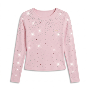 Custom <b>Rhinestone</b> Embellishment women's shirt Smooth Knit Texture Cropped <b>Top</b> Long sleeves Slim Fit Tee Customised Logo Branding - Product Image 3