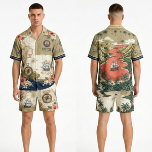 Conjunto de Pantalones Cortos Hawaianos para Hombre, Color Caqui, Estampado Botánico, Tejido Transpirable de Lujo, para Vacaciones - Product Image 1