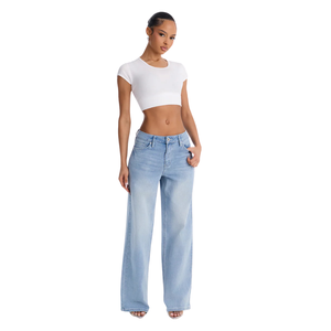 Jean en denim bleu clair pour femme, coupe large, taille mi-haute, décontracté, ample, respirant, en coton extensible, longueur complète, mode, pour tous les jours - Product Image 1