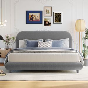 Letto imbottito Queen Size in tessuto Teddy Fleece, design curvo elegante con tessuto spesso e struttura solida, colore grigio - Product Image 2