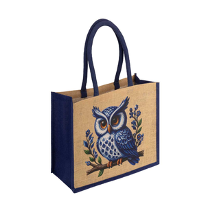 <b>Large</b> Jute Shopping <b>Bag</b> With Blue Owl Print Animal Pattern Top Handle Grocery Tote - Product Image 1