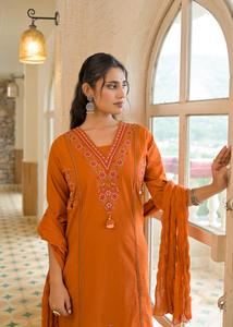 Traditional <b>Indian</b> Women's Cotton Embroidery Quick Dry Knee-Length <b>Kurta</b> Set Pant Dupatta Regular Fit Wedding Party Diwali All - Product Image 5