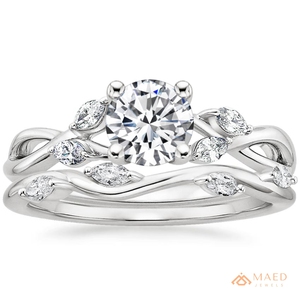 Anillo de Compromiso y Boda de Moissanita de Corte Redondo con Detalles Marquesa en Tono Plateado y Bandas Trenzadas, Joyería Elegante, Regalo para Ella - Product Image 1