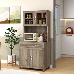 67\" Gray Modern <b>Kitchen</b> <b>Pantry</b> Buffet with Hutch Freestanding Cabinet Design Featuring Glass Doors Shelves Drawers - Product Image 2