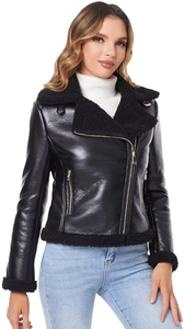 Women's Sheep Skin Knitted Breathable Waterproof Moto <b>Jacket</b> Full <b>Sleeve</b> Zipper Closure O-Neck Solid Color <b>Short</b> Length Winter - Product Image 4