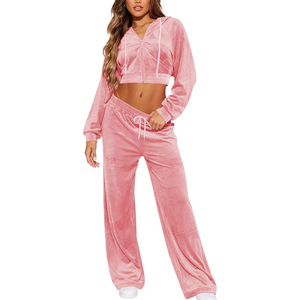 Conjunto de Sudadera Corta de Terciopelo Rosa y Pantalones Jogger con Cremallera Completa, Manga Larga, Ajuste Holgado, Chándal Casual de Dos Piezas para Mujer - Product Image 1