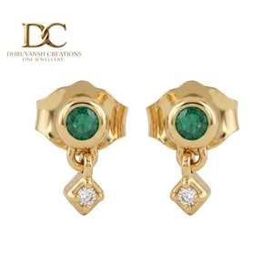 14KT Solid Yellow Gold IGI Certified Lab Grown Diamond and Colombian <b>Emerald</b> <b>Stud</b> Teardrop <b>Earring</b> Brilliant Cut Women Jewelry - Product Image 1