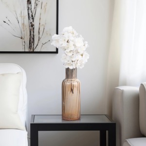 Modern Tall Ribbed <b>Glass</b> <b>Vase</b> Transparent Amber Brown Cylinder Tabletop Decor - Product Image 3