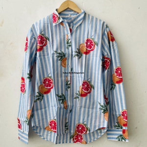 Camisa Casual con Estampado Floral para Mujer, Hecha a Mano con Técnica de Bloqueo, 100% Algodón, Cuello con Botones, Transpirable, para Verano, Rosa y Blanco, para Actividades al Aire Libre - Product Image 2