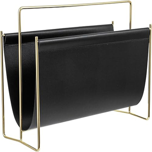 <b>Black</b> PU Leather & Stainless Steel Magazine Rack Minimalist <b>Black</b> Leather Magazine Rack With Gold Metal <b>Frame</b> - Product Image 3