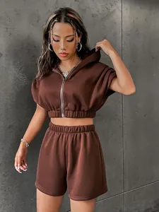 Womens Solid Brown <b>Short</b> Sleeve Full Zip Hooded Crop Sweatshirt and Relaxed Fit <b>Shorts</b> Twin <b>Set</b> OEM ODM Wholesale Apparel - Product Image 2