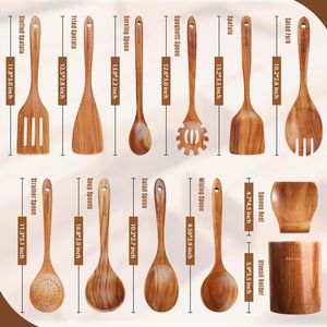 Set di 12 Utensili da Cucina in Legno di Teak con Impugnatura Comoda, Supporto per Cucchiaio e Finitura Liscia Antiaderente - Product Image 3