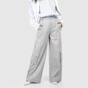 Pantalon cargo ample taille haute pour femme, couleur unie, en toile respirante, longueur intégrale, style décontracté streetwear - Product Image 1