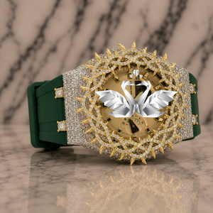 Reloj de cuarzo de lujo al por mayor con bisel decorativo con púas y correa verde para hombre - Product Image 1