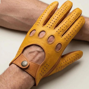 Gants de conduite unisexes en cuir véritable perforé, confortables, coupe-vent, à doigts entiers, à enfiler, pour l'été - Product Image 2