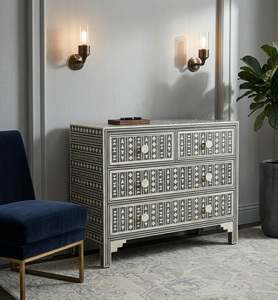 Commode à 6 tiroirs en bois sculpté à la main, style moderne, noir et blanc, fabrication indienne - Product Image 3